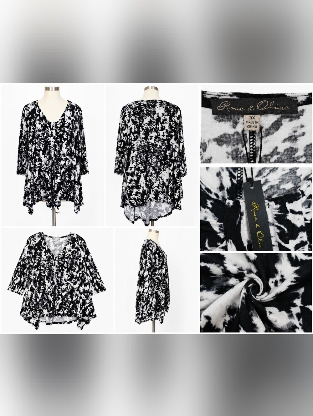 Rose & Olive Women's 3X Black White Abstract Tunic Top 3/4 Sleeve Handkerchief.